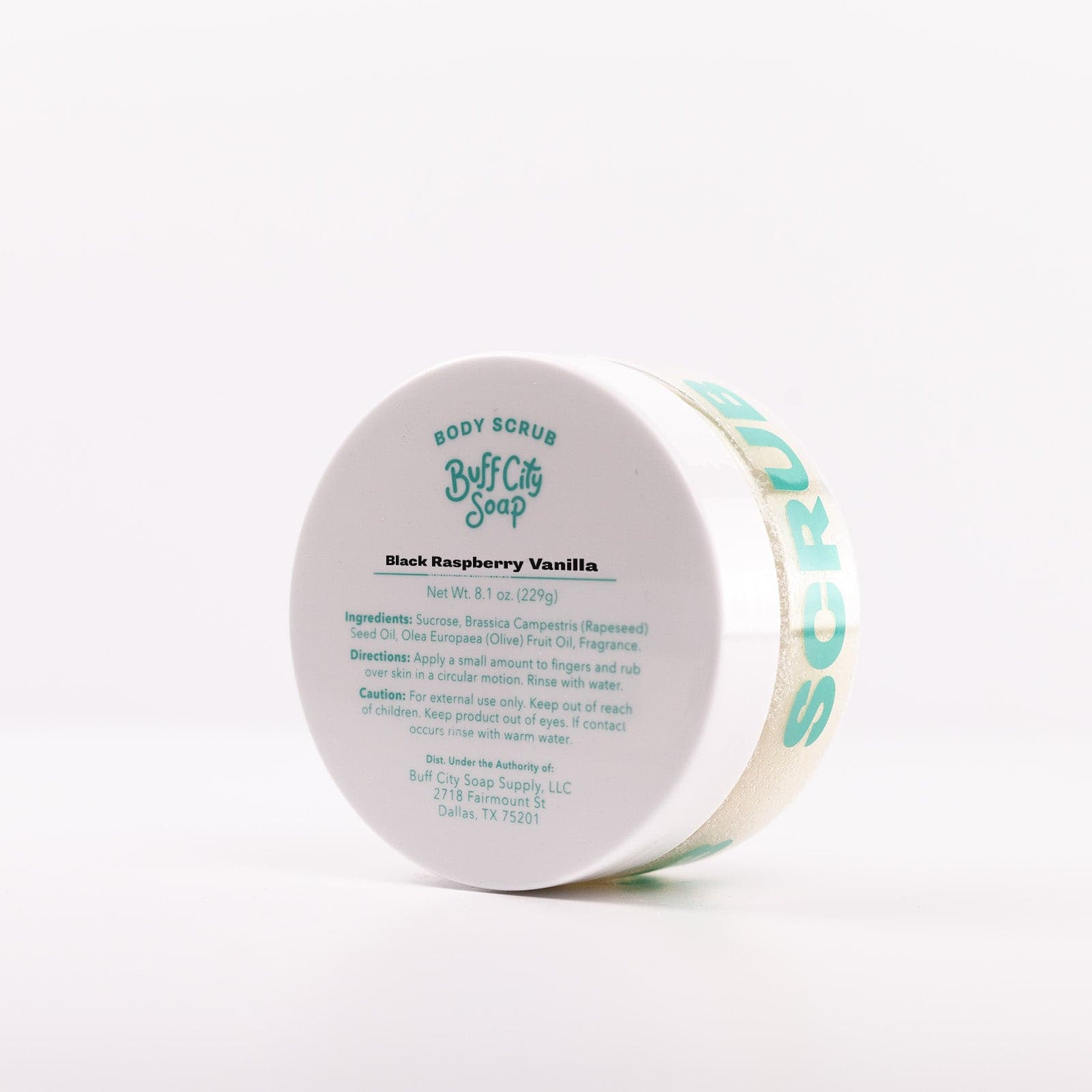 Body Scrub container with white lid and teal lettering on side against white background
