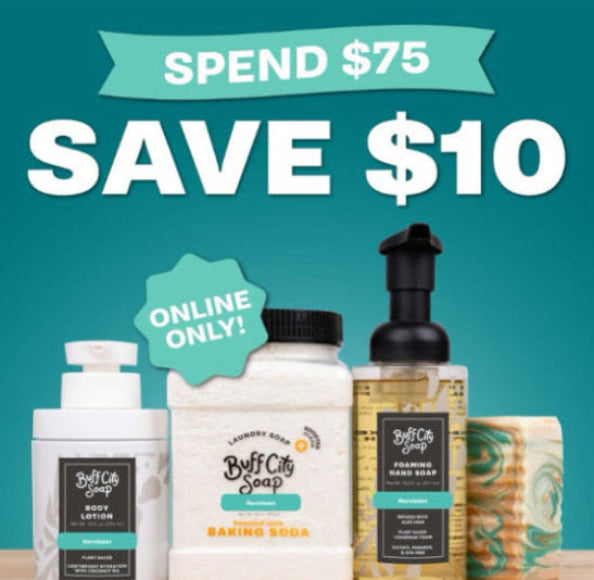 Buff City Soap products with promotional text on a teal background