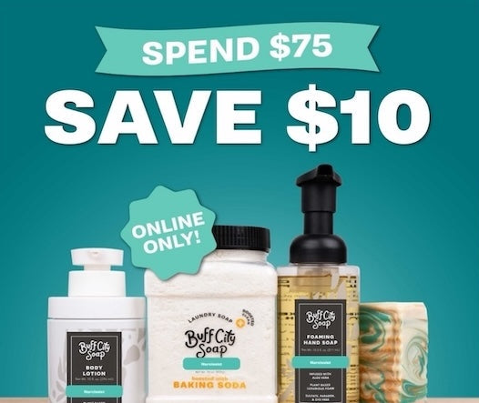 Buff City Soap products with promotional text on a teal background