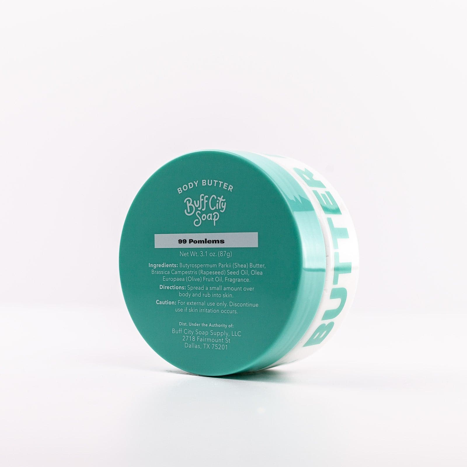 99 Pomlems Body Butter container with teal lid standing upright and angled against white background