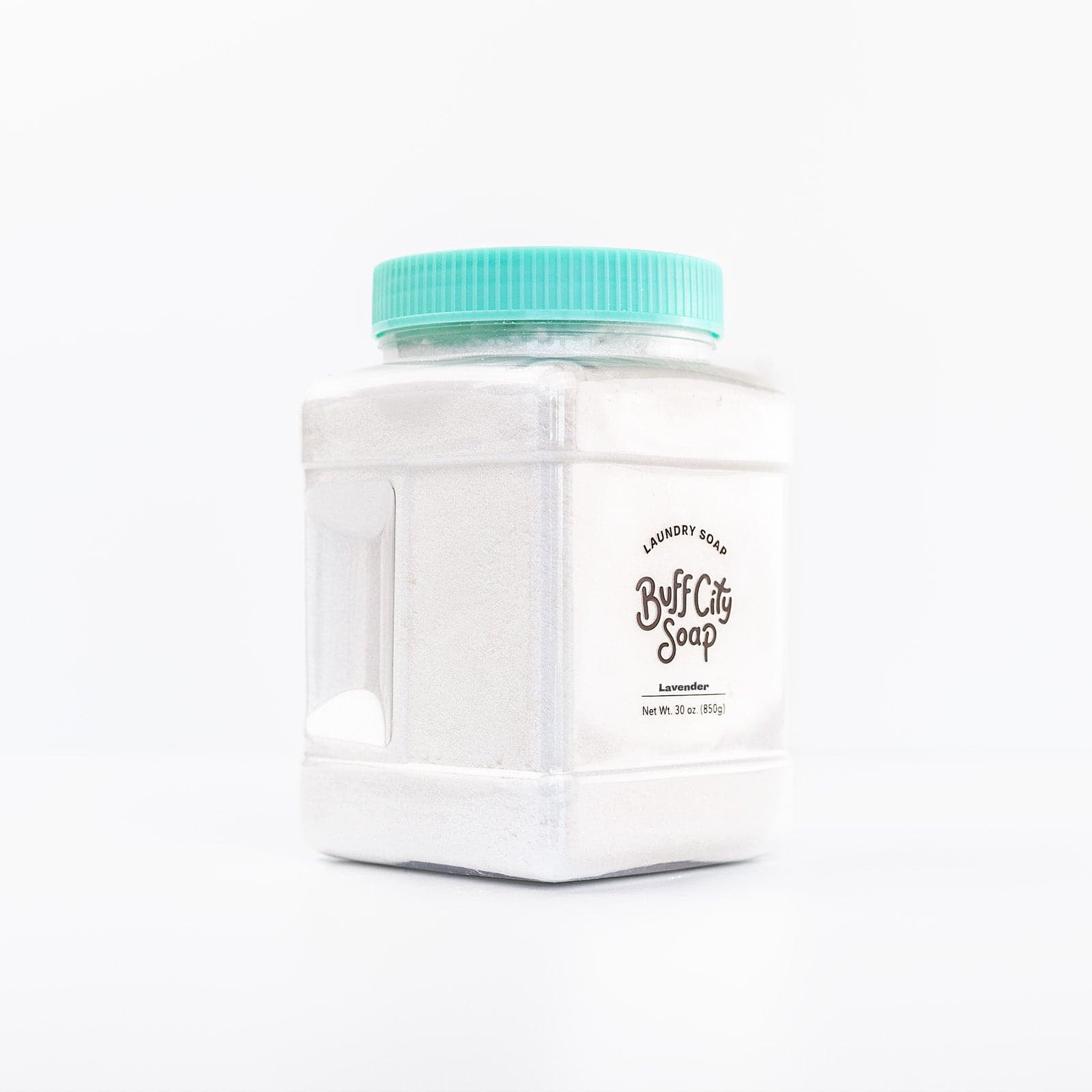 Clear plastic container of Buff City Soap's lavender scented laundry soap with a teal lid 