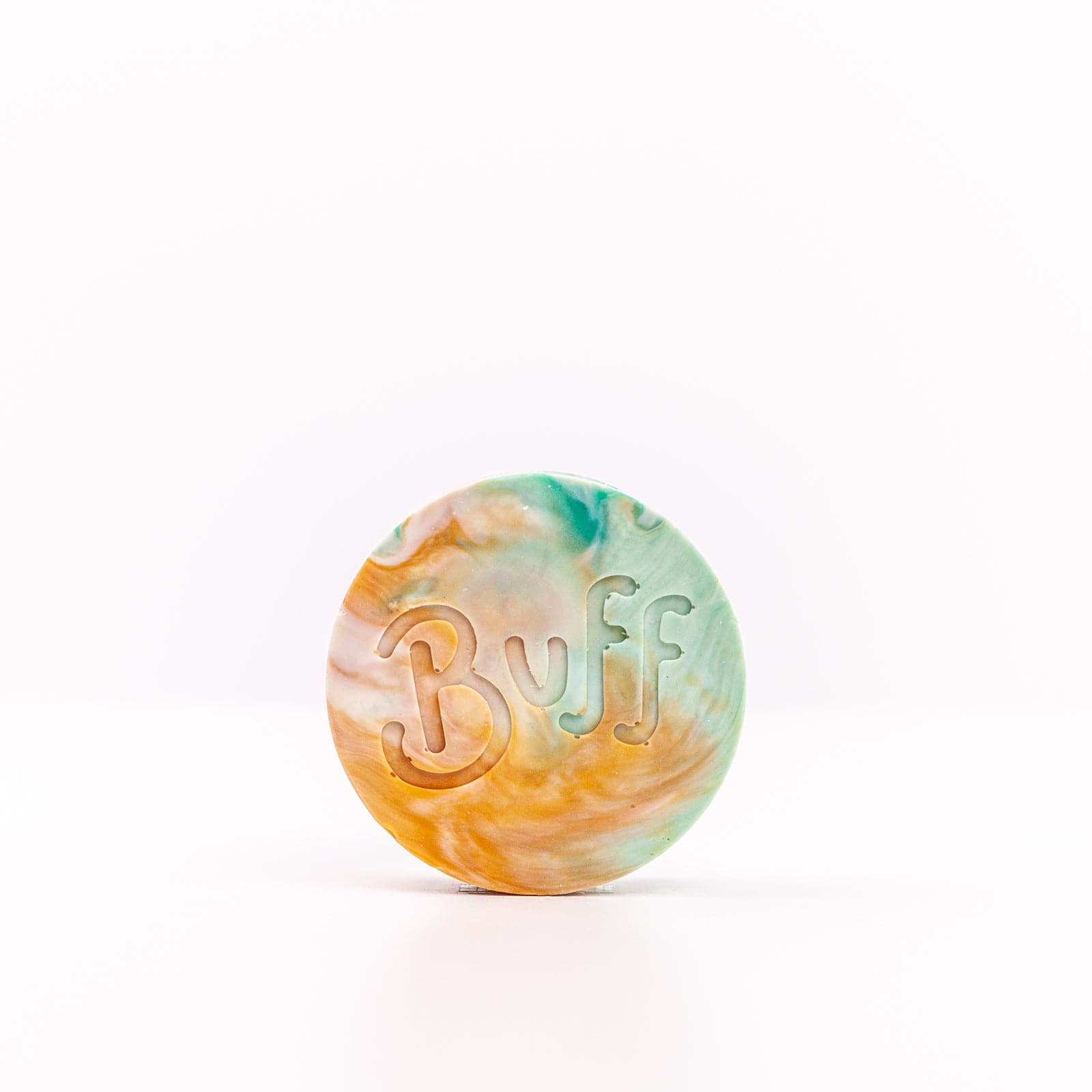 teal, white, and orange Narcissist Shave Bar with "Buff" engraved in bar